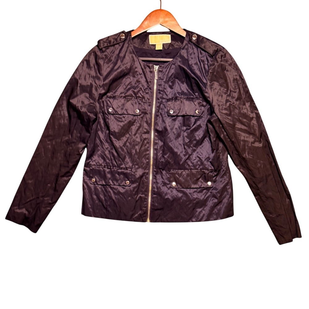 Michael Kors Jacket Womens 10 Utility Military Black Full Zip Epaulettes